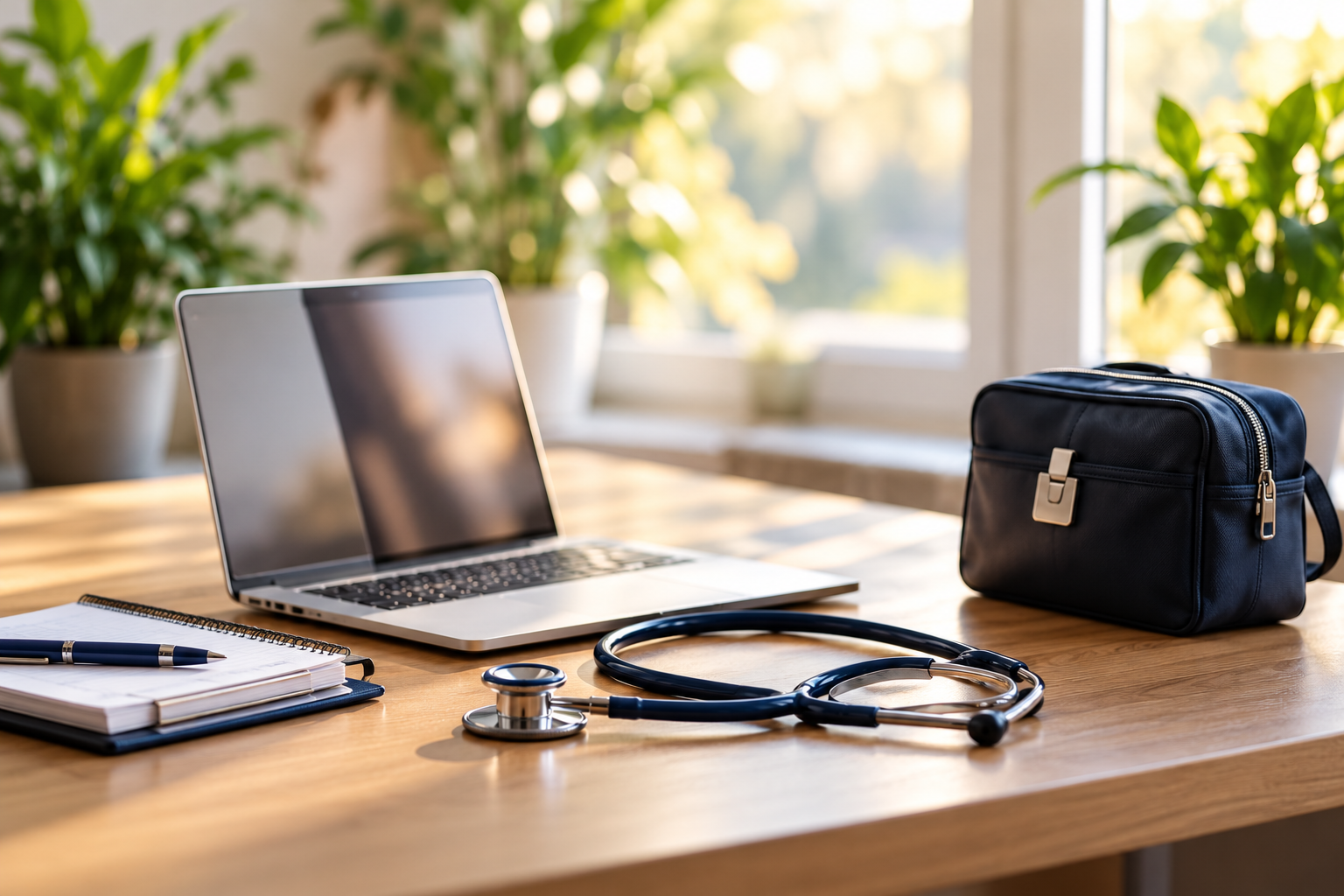 Ordinateur portable, stéthoscope et sac de soins sur un bureau
